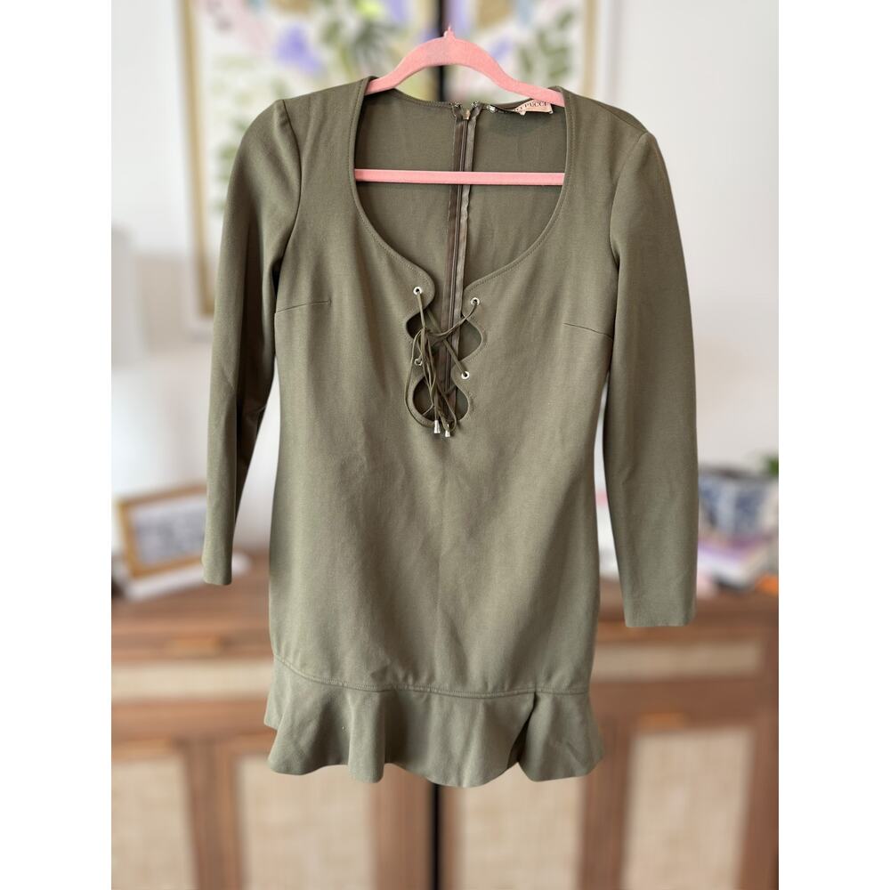 Emilio Pucci Prefall‎ 2015 V-Neck Long Sleeve Ruffle Mini Dress in Green Size 4